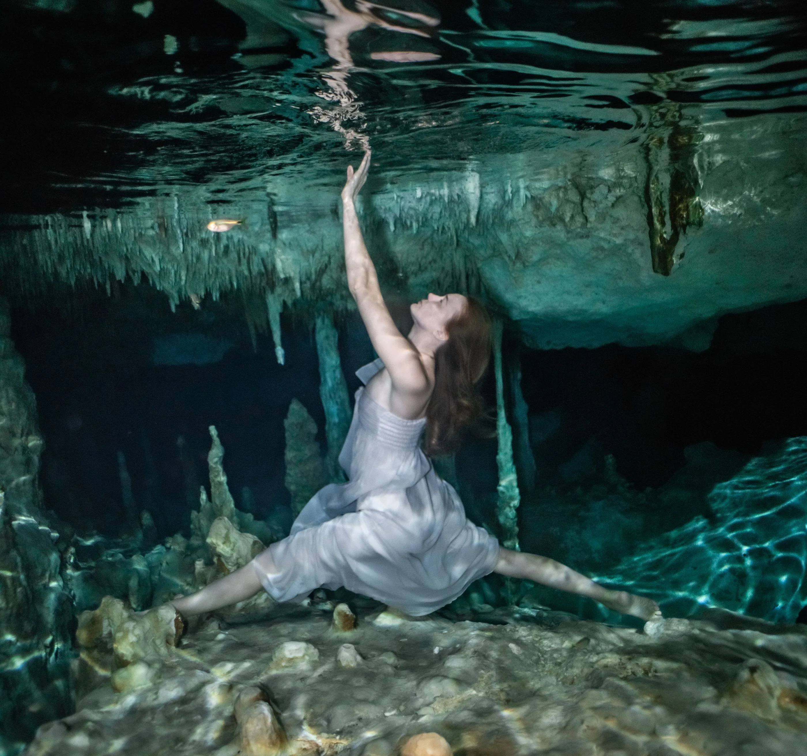 A photoshoot underway in a cenote